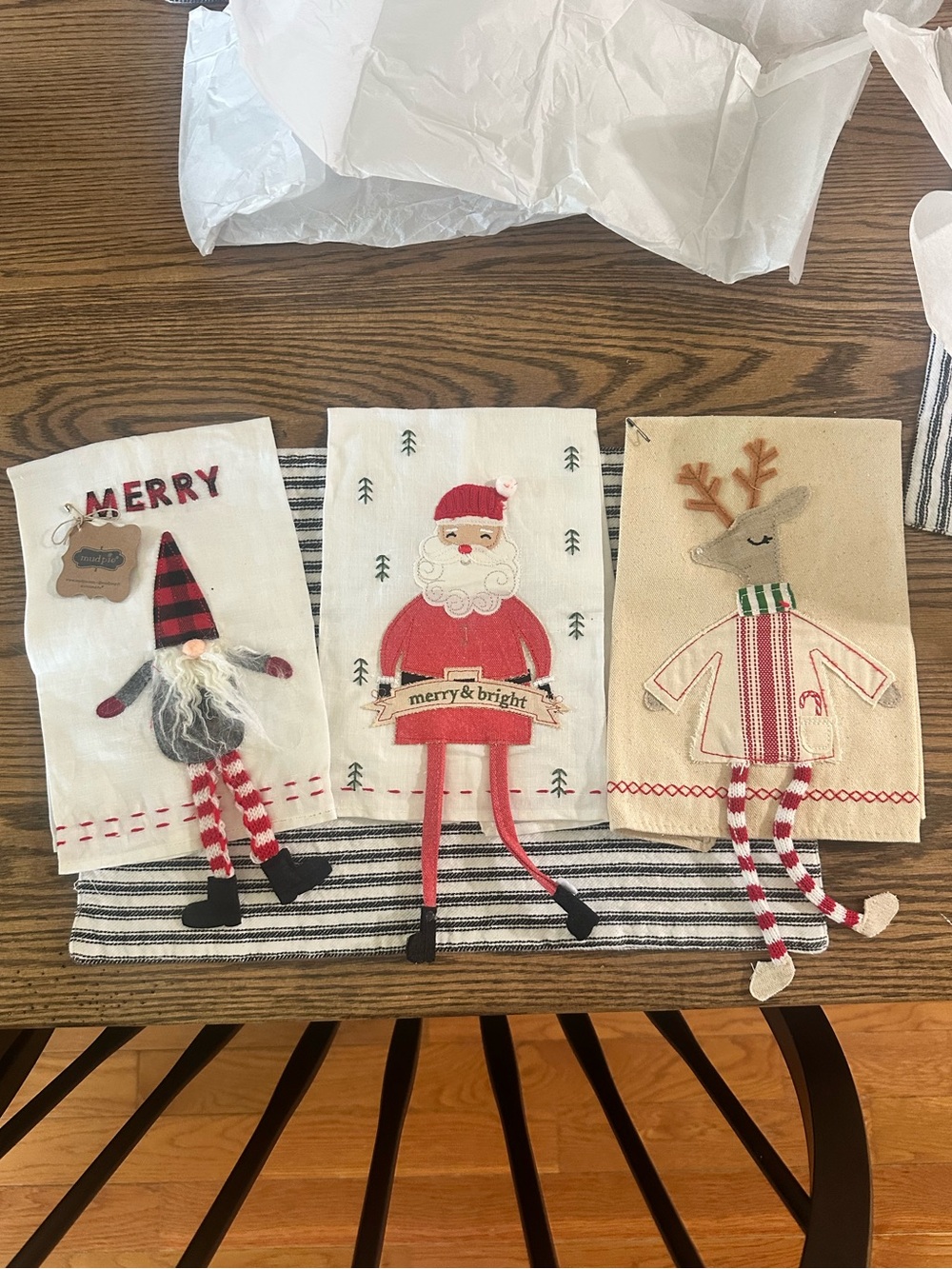 Mudpie Holiday Decorative Kitchen Towels with Red and Cream Festive Characters